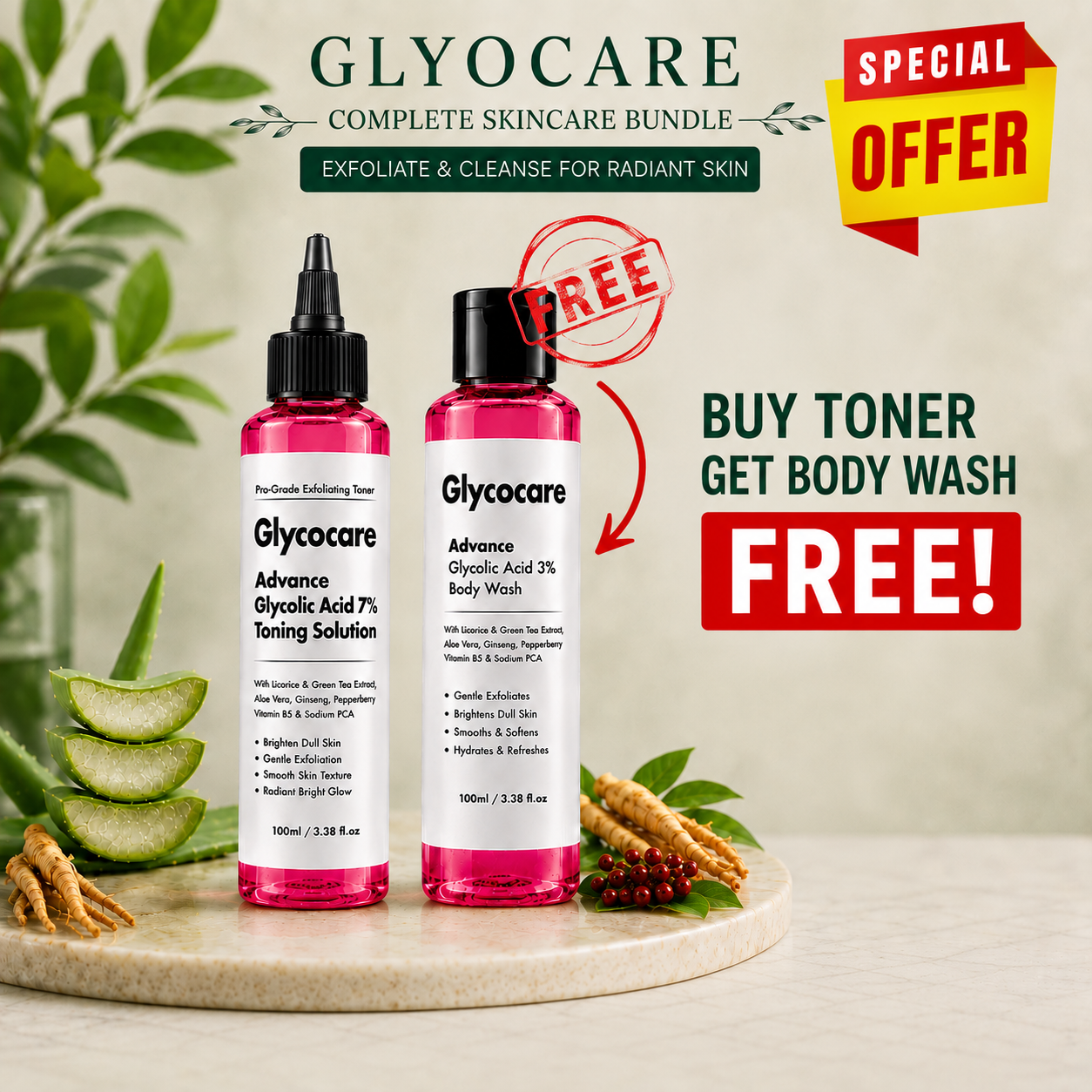 Buy Glycolic Acid 7% Toner - Licorice & Green Tea Extract Infused & Get Free 3% Glycolic Acid Body Wash